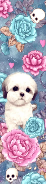 Free printable dog bookmark featuring shih tzu with cute skulls and flowers
